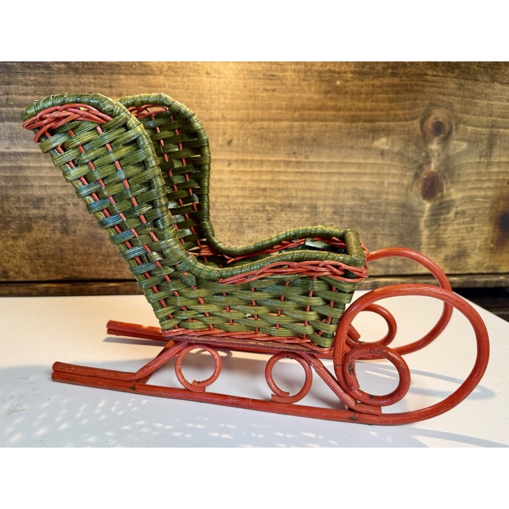 Vintage Rattan/Wicker Sleigh Red and Green Farmhouse/Cottage Decor